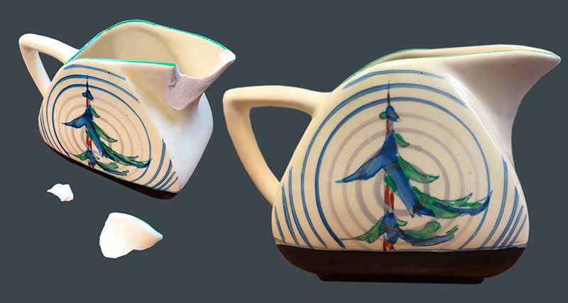 China Jug Restoration Before and after with broken pieces restored.